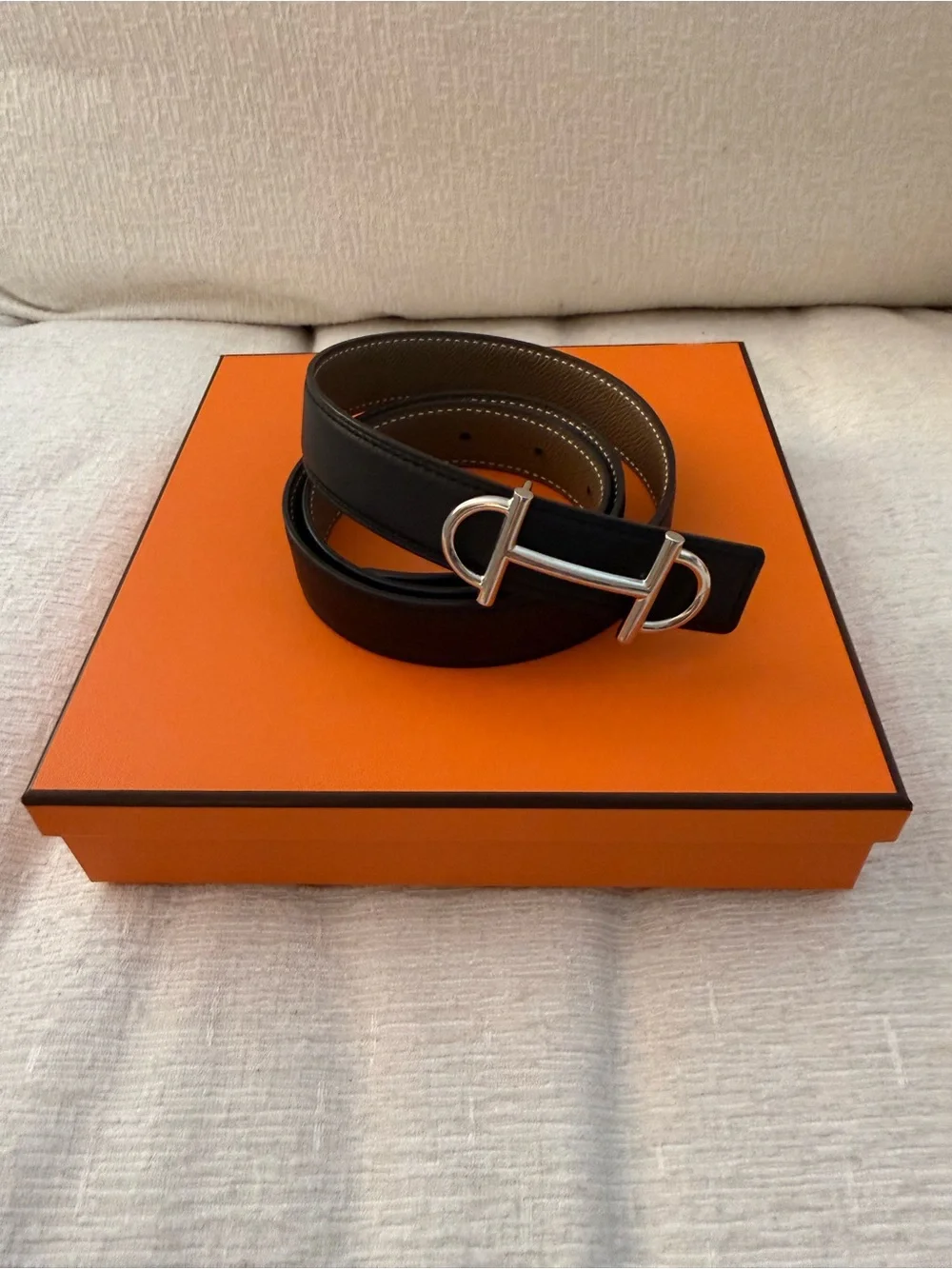 Hermes Black Leather Belt with Silver Stirrup H Buckle
